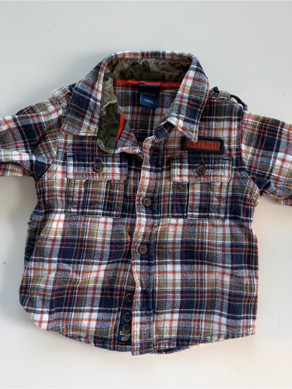 OshKosh Plaid Flannel Button-Down Shirt in Navy, Orange & White